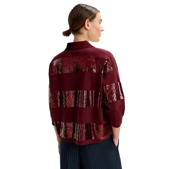 ESSENTIEL ANTWERP Illuminati Sequin Striped Polo Shirt in Wine S